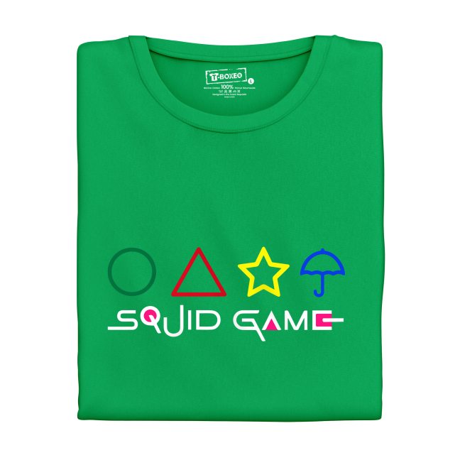 Pánské tričko s potiskem “Squid Game, název a barevné symboly"