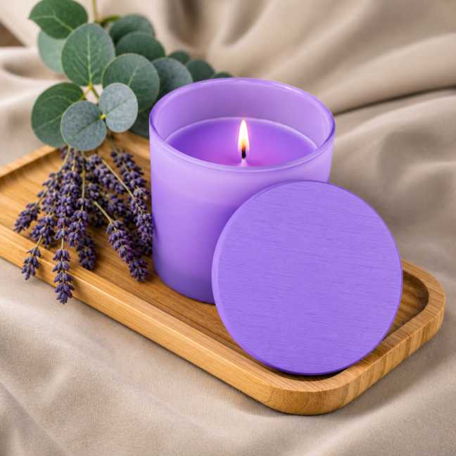 Fialová vonná svíčka v krabičce 200g - LAVENDER & EUCALYPTUS
