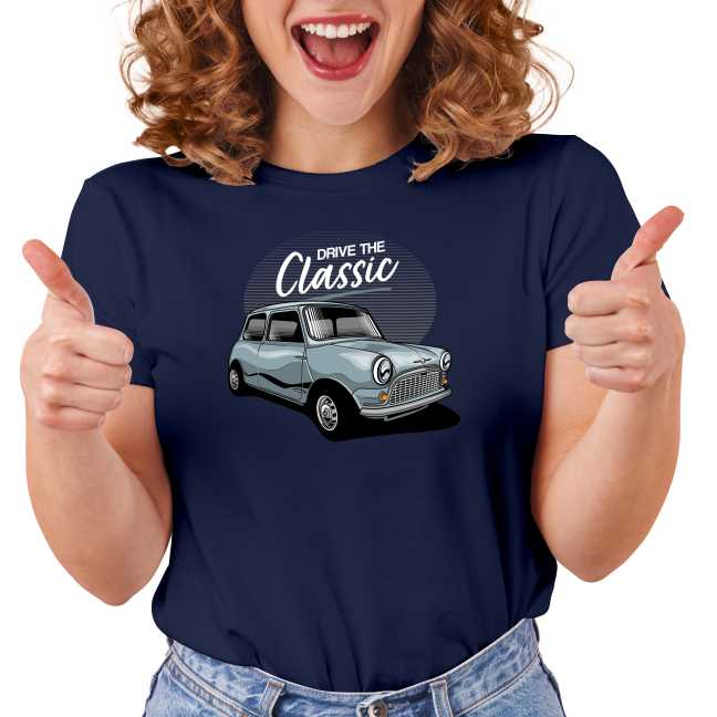 Dámské tričko s potiskem “Ride the Classic, modrý Austin mini"