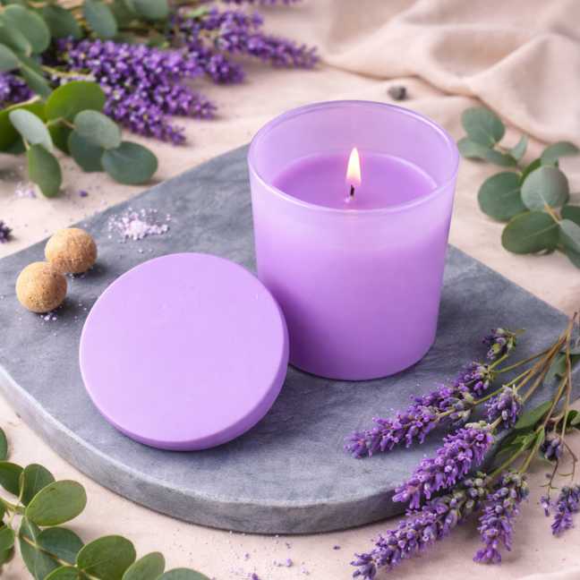 Fialová vonná svíčka v krabičce 130g  - LAVENDER & EUCALYPTUS